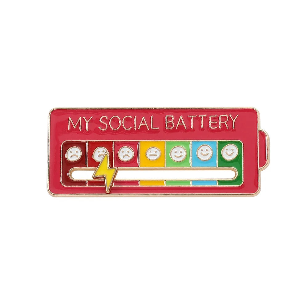 Red Pin with 'My Social Battery' design on a white background