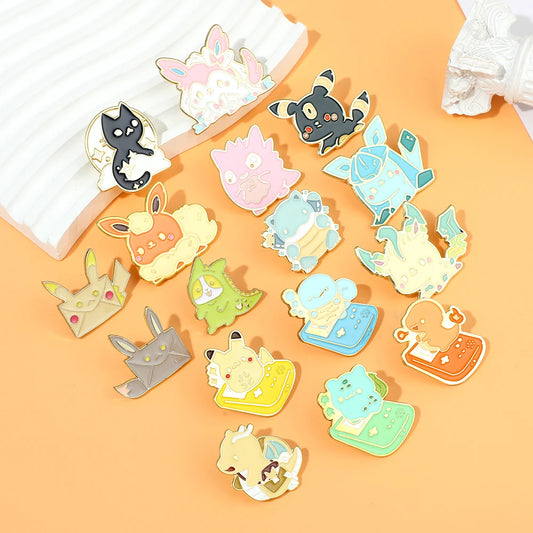 Pokemon Pikachu colorful enamel pins Collection on a pink surface
