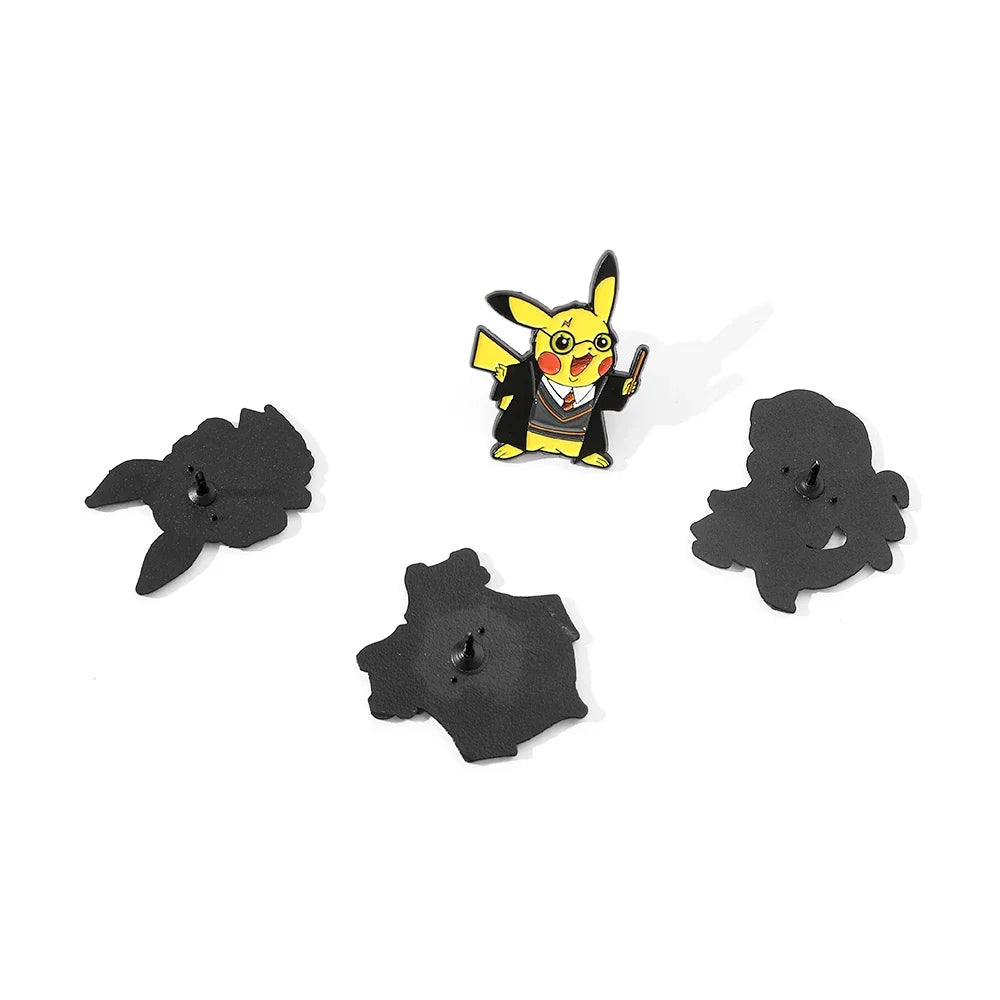 Pikachu figurine with glasses and a suit surrounded by black silhouette shapes on a white background | 4 piece Pokemon Harry Potter lapel pin set - collectible anime enamel pins