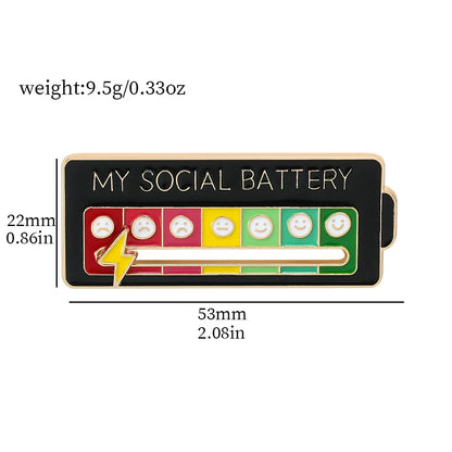 Black Pin with 'My Social Battery' design and measurements on a white background