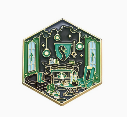 Harry Potter Fantasy movie common room pin - cartoon design cute enamel pin badge lapel pin brooches - Hexagonal enamel pin with a design of a cozy room with a fireplace, table, and chairs. green, snake