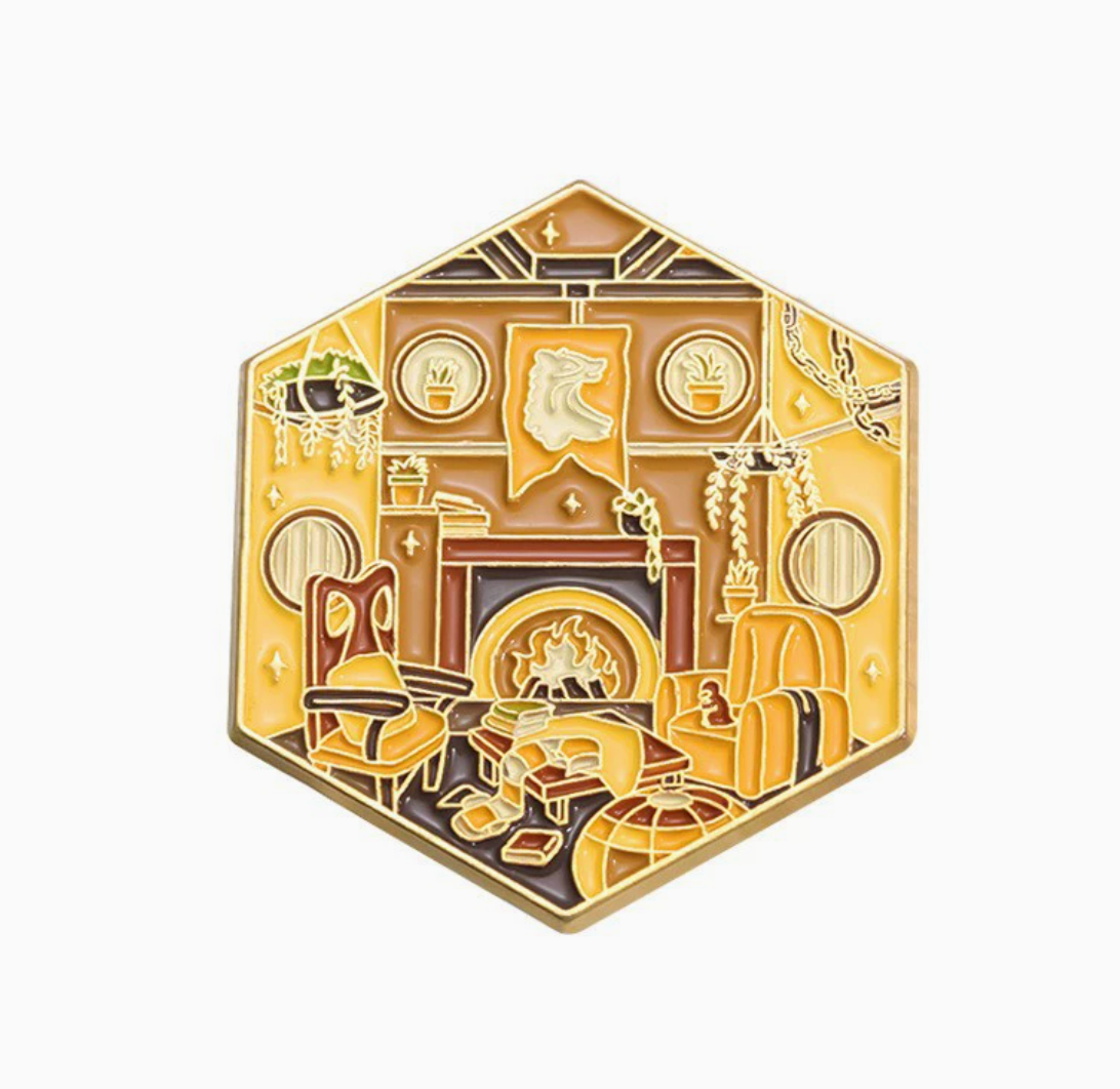 Harry Potter Fantasy movie common room pin - cartoon design cute enamel pin badge lapel pin brooches - Hexagonal enamel pin with decorative design , Fireplace, common room, chair, yellow
