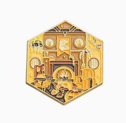 Harry Potter Fantasy movie common room pin - cartoon design cute enamel pin badge lapel pin brooches - Hexagonal enamel pin with decorative design , Fireplace, common room, chair, yellow