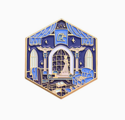 Harry Potter Fantasy movie common room pin - cartoon design cute enamel pin badge lapel pin brooches  - Hexagonal enamel pin with a design of a room with a woman, book, and decorative elements on a white background. Blue