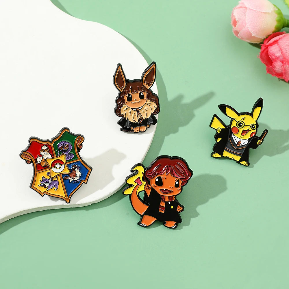 Pokemon Harry Potter Enamel Pins - Cute Anime Brooches & Lapel Pin Set | Pikachu | Charmander | Eevee