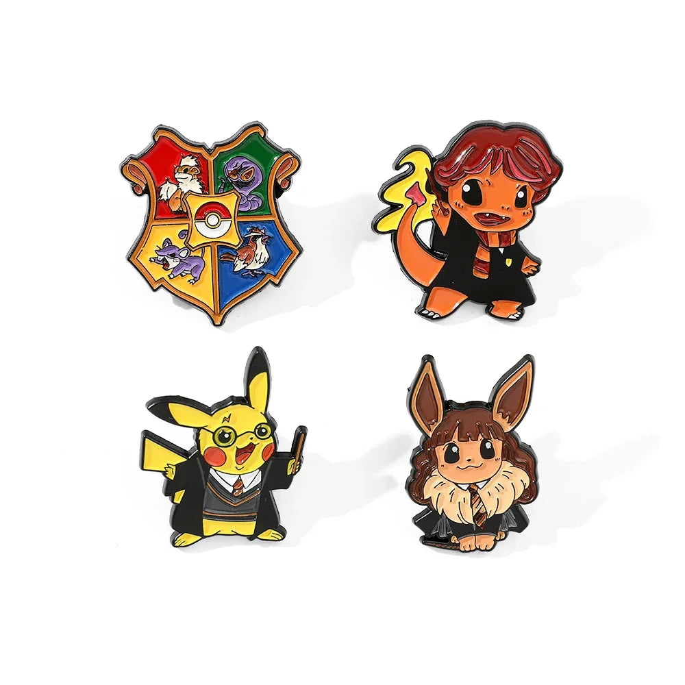 Set of four enamel pins featuring Harry Potter, Pikachu, Ron Weasley, and Eevee on a white background.