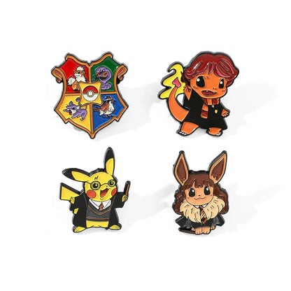 Set of four enamel pins featuring Harry Potter, Pikachu, Ron Weasley, and Eevee on a white background.