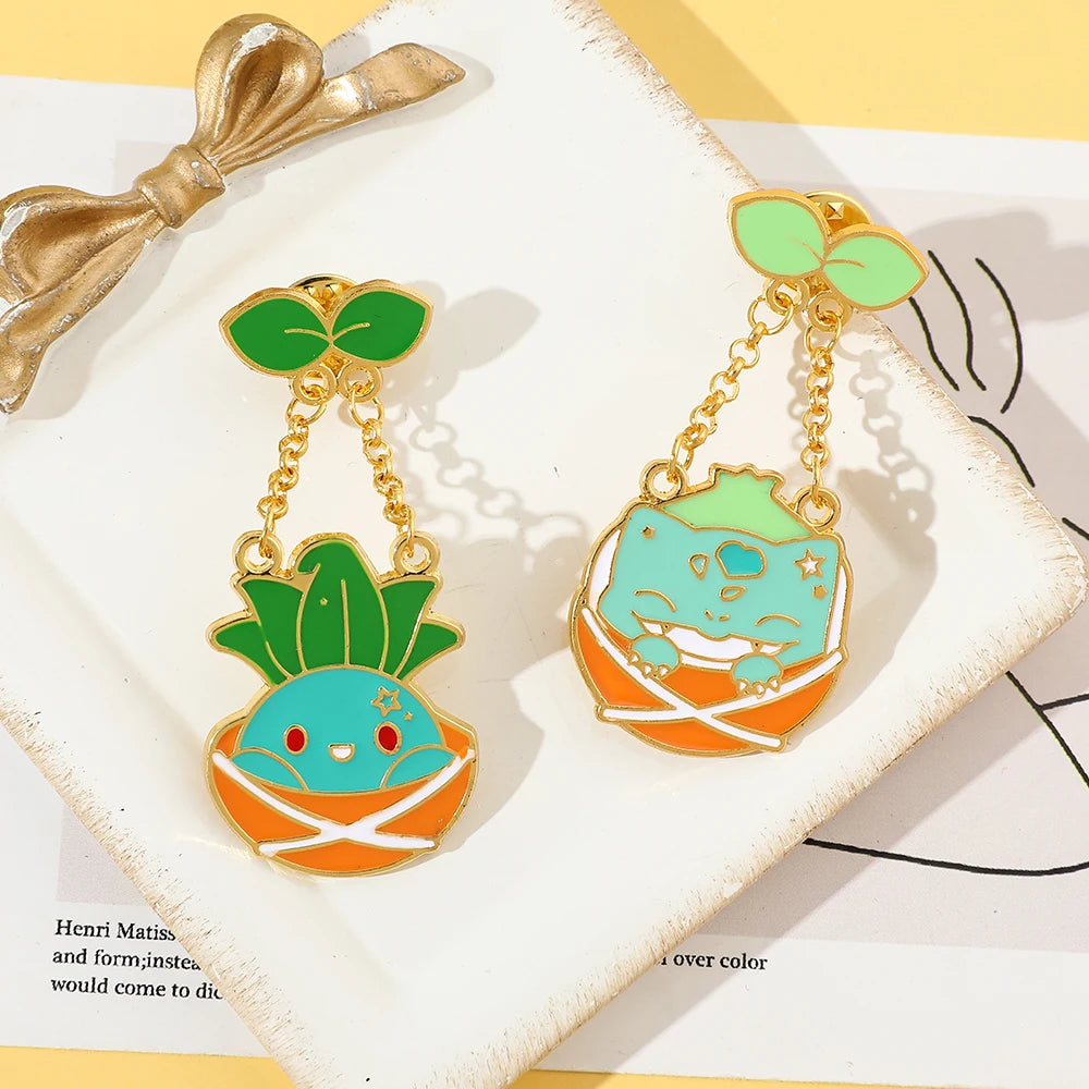 Pokemon colorful green color enamel pins, lapel pin with green leaves on a white surface