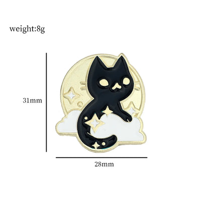 Black cat pin with moon and stars on a white background, showing measurements and weight.