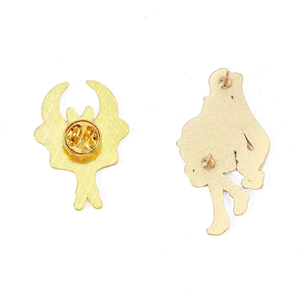 Gold-colored enamel pin, lapel pin on a white background