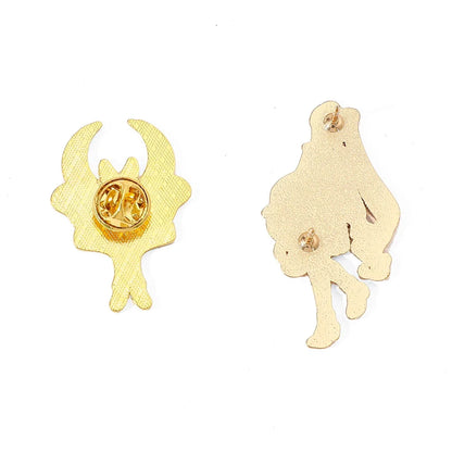 Gold-colored enamel pin, lapel pin on a white background