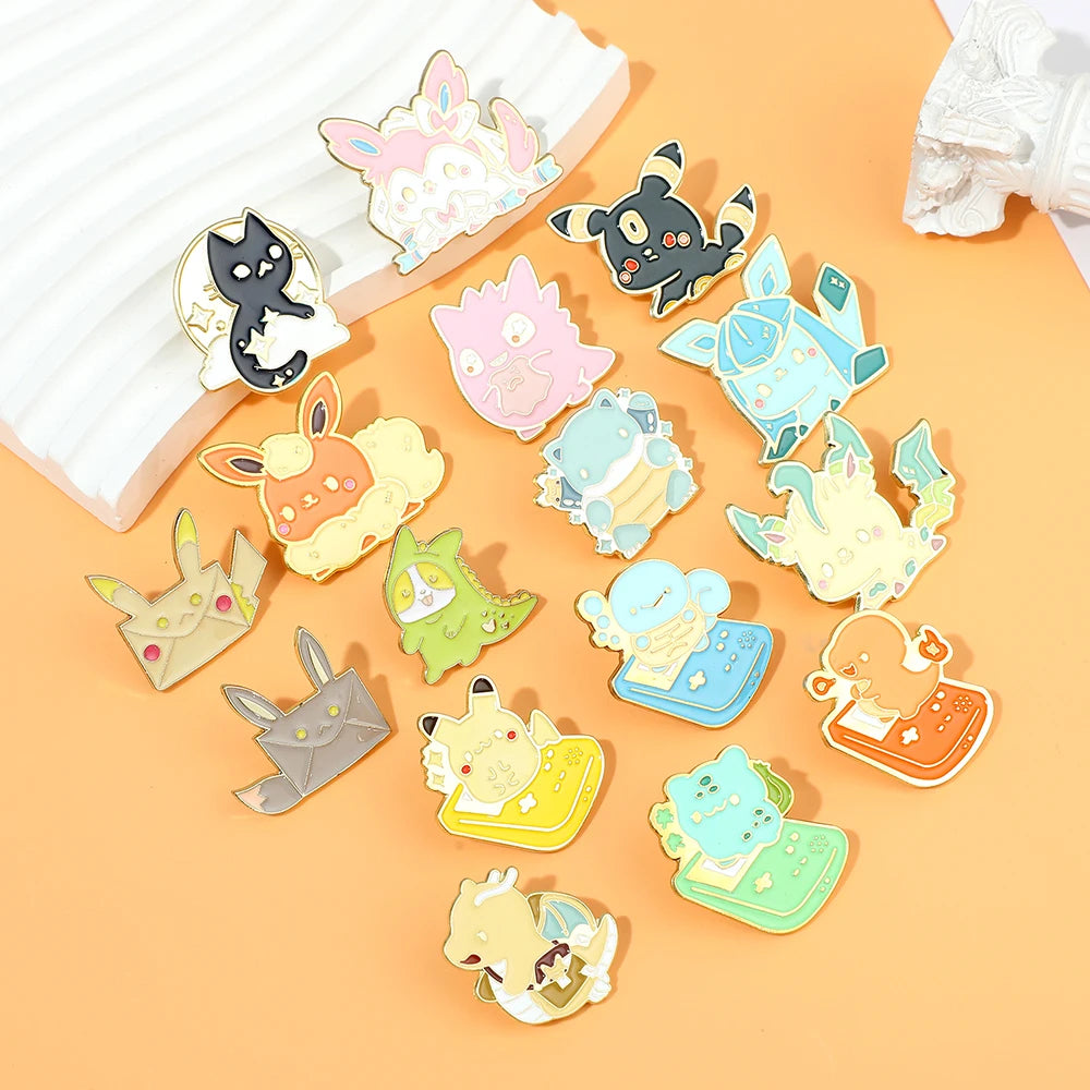 Pokemon Pikachu colorful enamel pins Collection on a pink surface