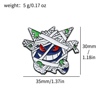 Three Pokemon Gengar enamel pins featuring different designs with meassurement on a white background