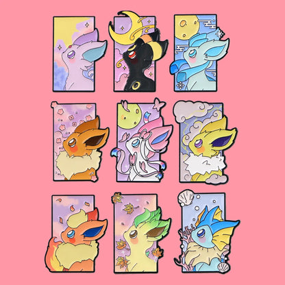 Set of colorful EEVEE cartoon characters in rectangular frames on a pink background