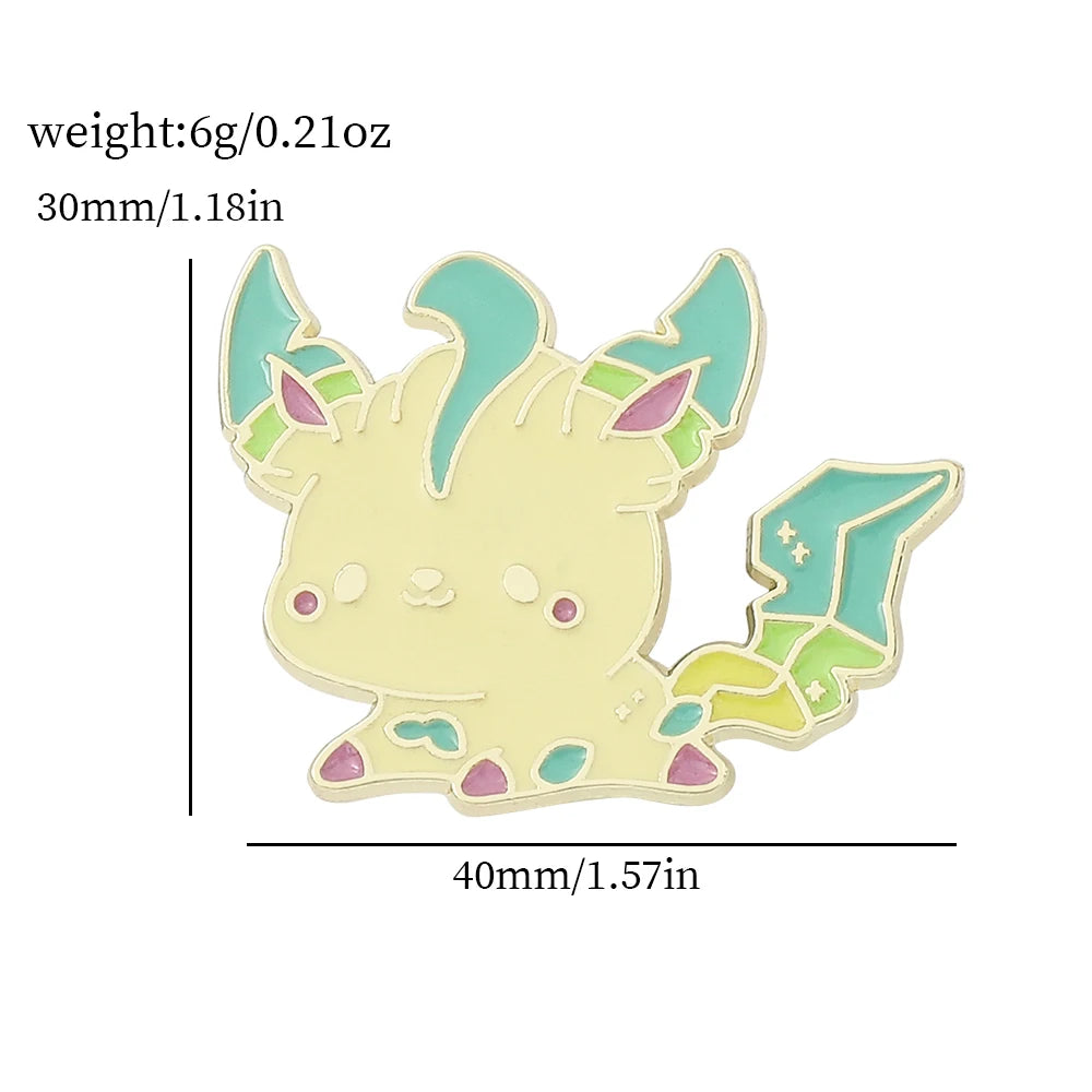 Colorful Pokemon creature enamel pin with measurements on a white background