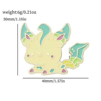 Colorful Pokemon creature enamel pin with measurements on a white background