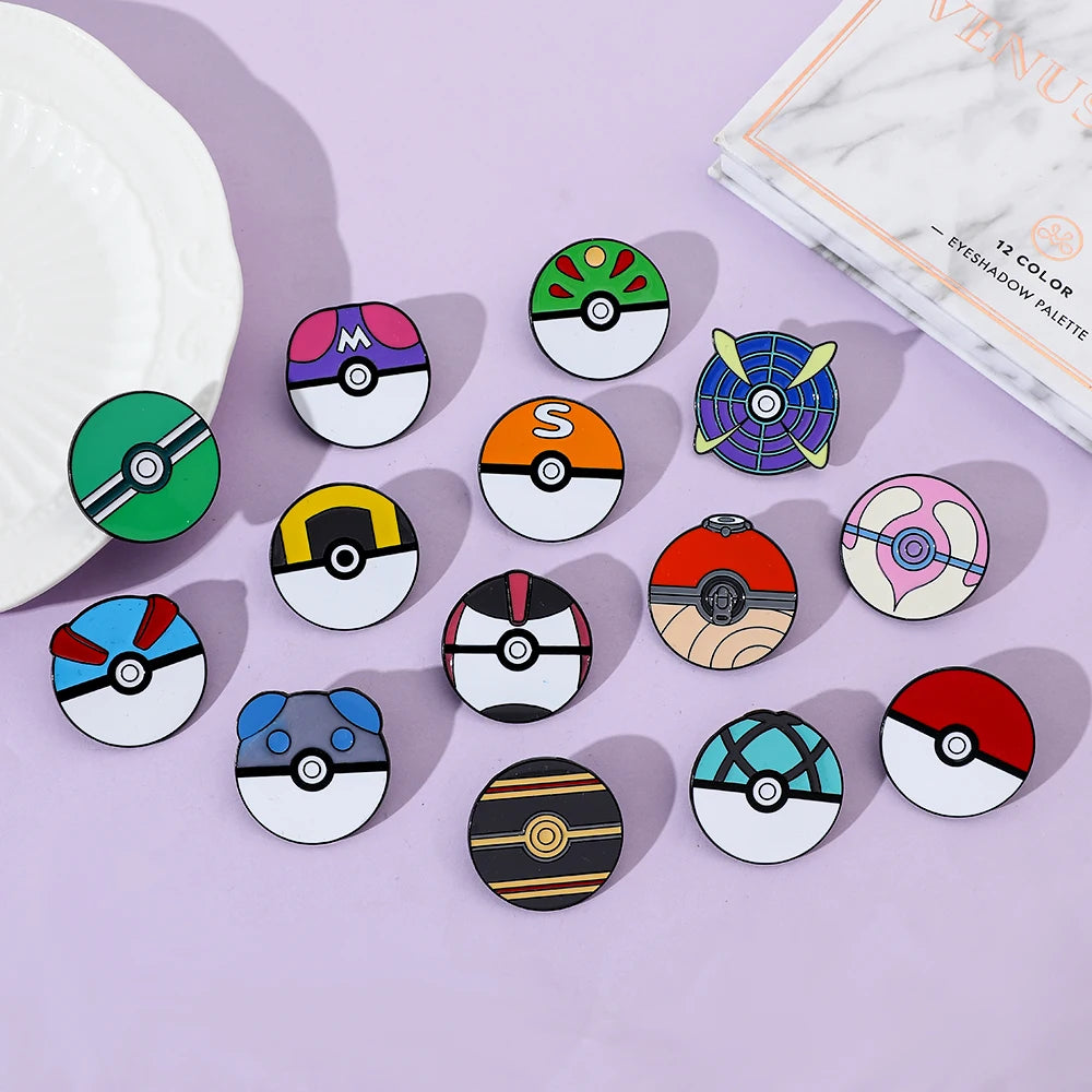 Collection of colorful Pokemon Ball pins on a light purple background