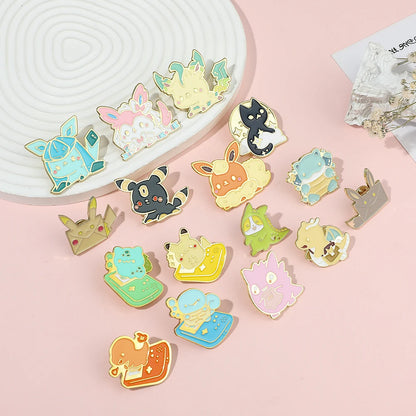 Pokemon Pikachu colorful enamel pins Collection on a pink surface