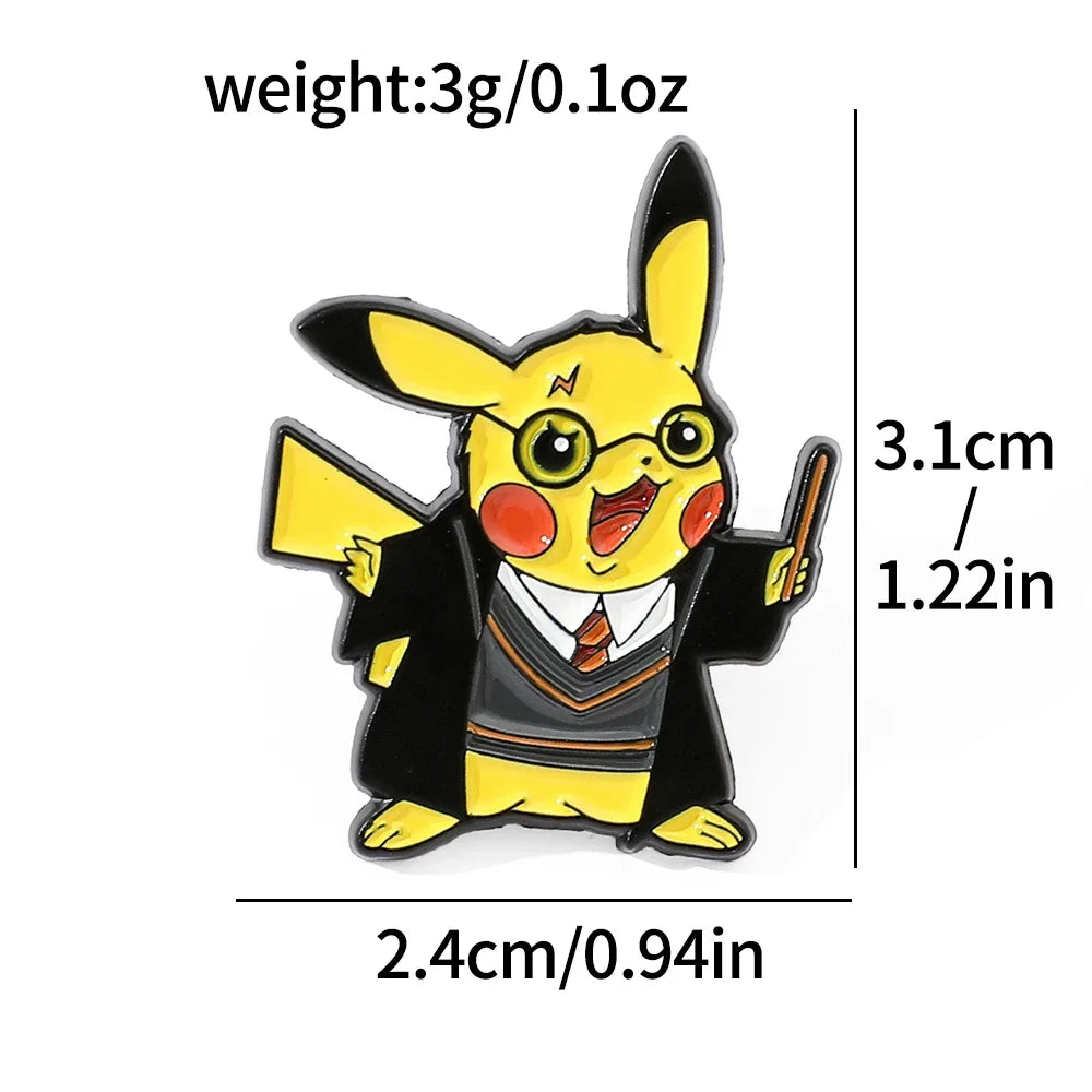 Pikachu character wearing a suit with measurements and weight information on a white background