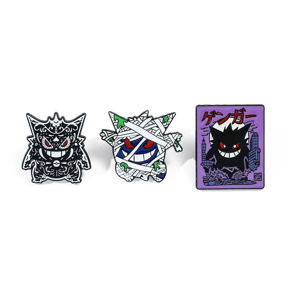 Three Pokemon Gengar enamel pins featuring different designs on a white background