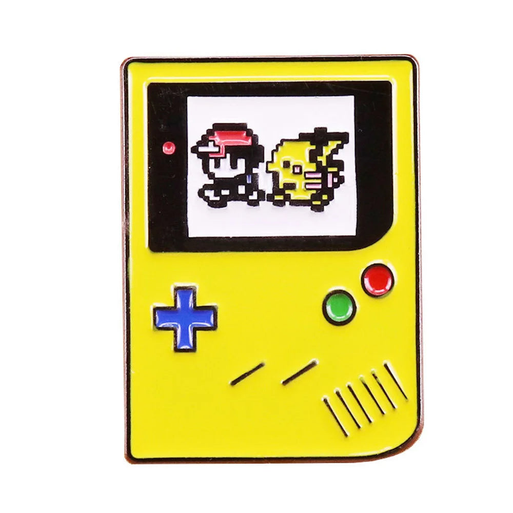 Yellow Game Boy-shaped pin with pixelated Pikachu Pokemon characters on a white background