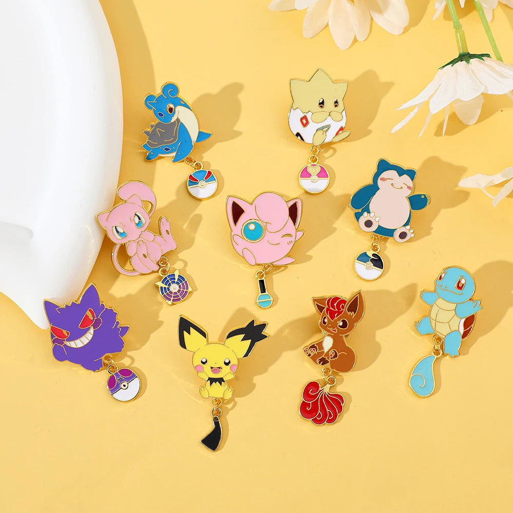 Collection of colorful Pokémon lapel pins on a yellow background with flowers.