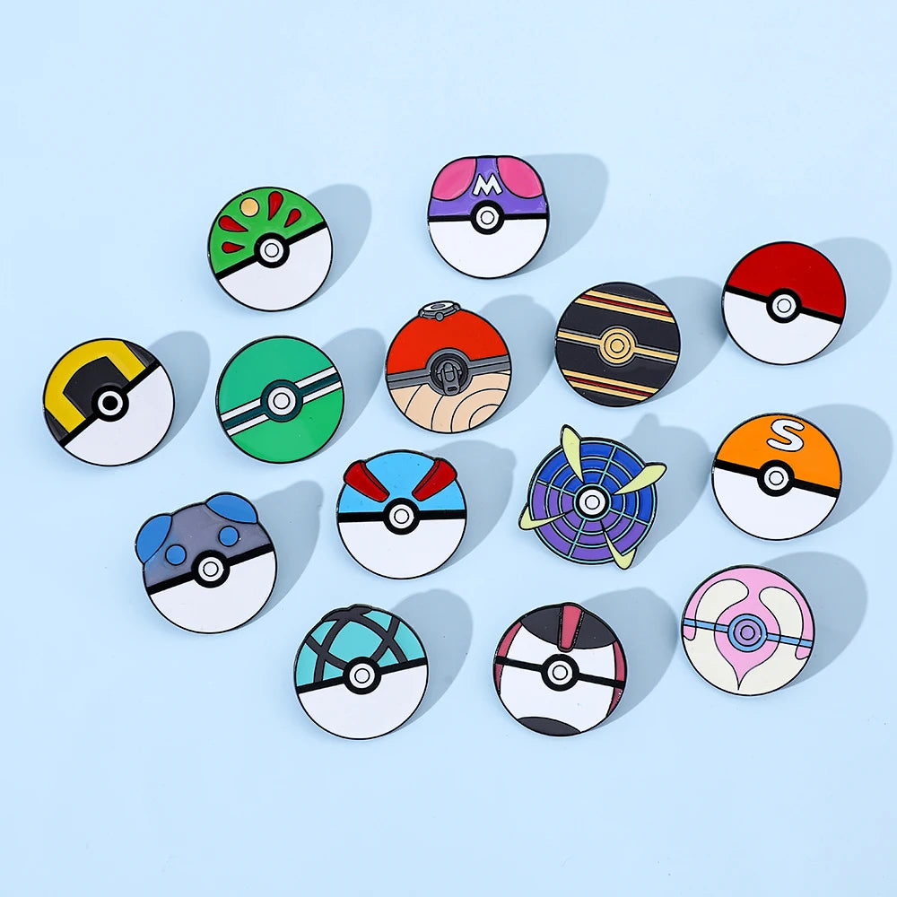Collection of colorful Poké Ball-themed pins on a light blue background