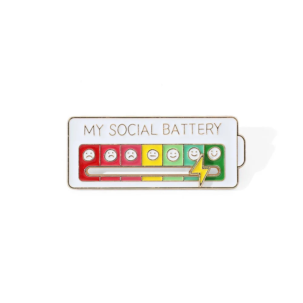White_Enamel pin with 'My Social Battery' design on a white background
